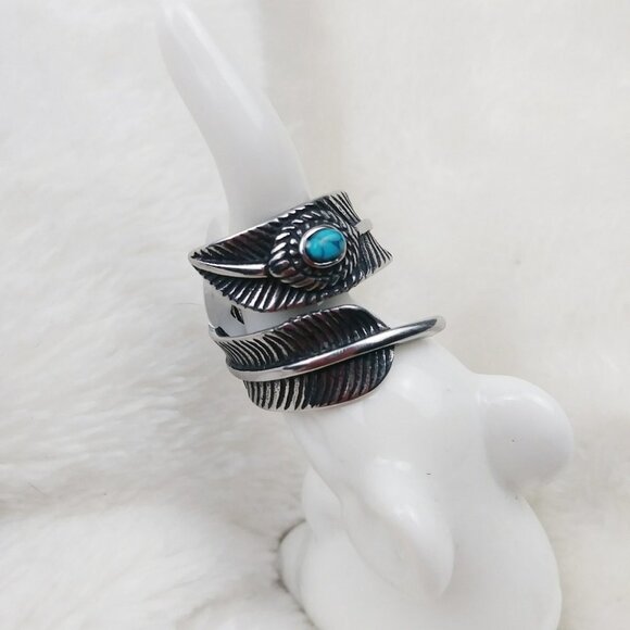 Boho Stainless Steel Feather Turquoise Ring Festival Gypsy Bohemian - Picture 3 of 8
